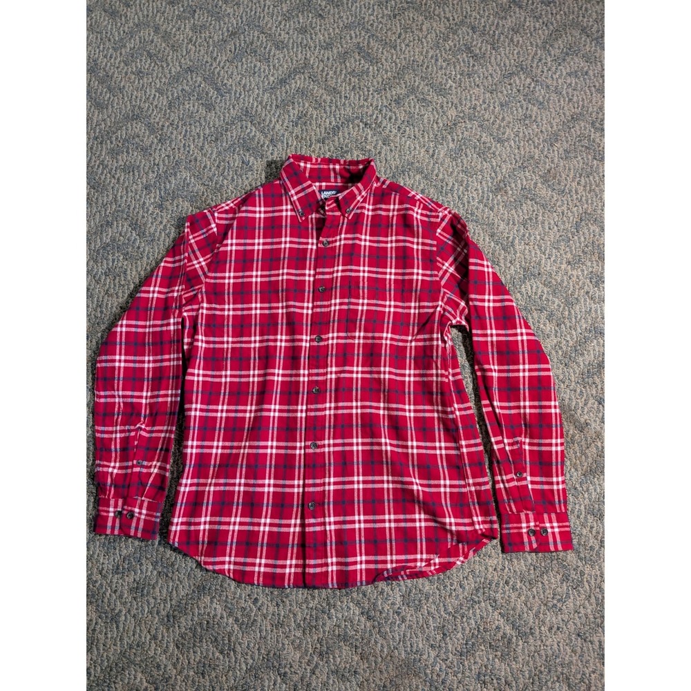 Lands End Mens Slim Fit Flannel Shirt Red Plaid Long Sleeve Button Down Large